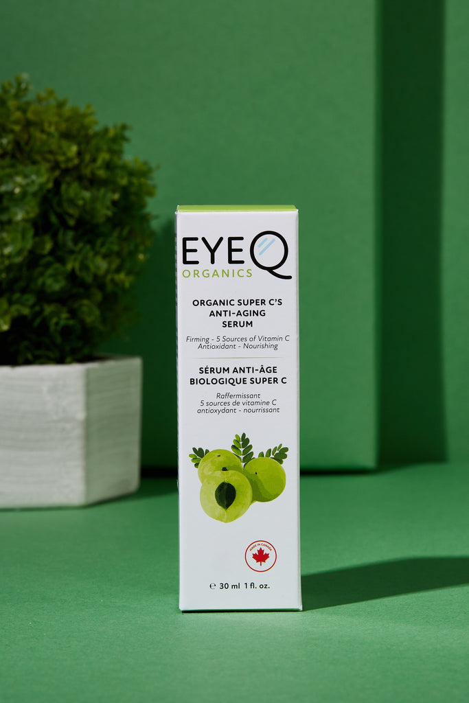 EQO Super C’s Anti-Aging Serum 30ml bottle sealed in EQO white box packing on green background, 4.5cmx4.5cmx12cm, with symbols indicating product is made locally in Canada.