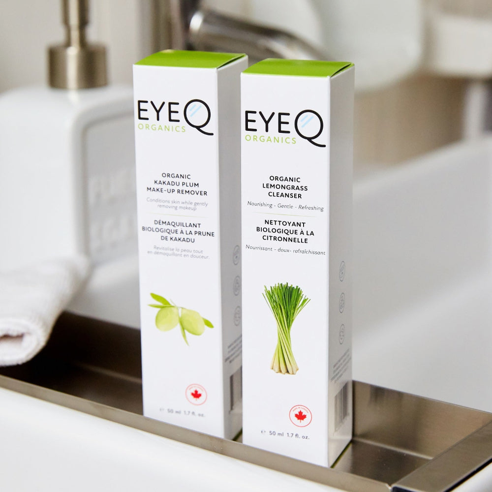 EQO Organic Kakadu Plum Make-Up Remover is shown paired with our Eye Q Organic Lemongrass Cleanser. These two products can be paired for best results by using our recommended 2 easy step solution to a refreshed & younger looking skin!