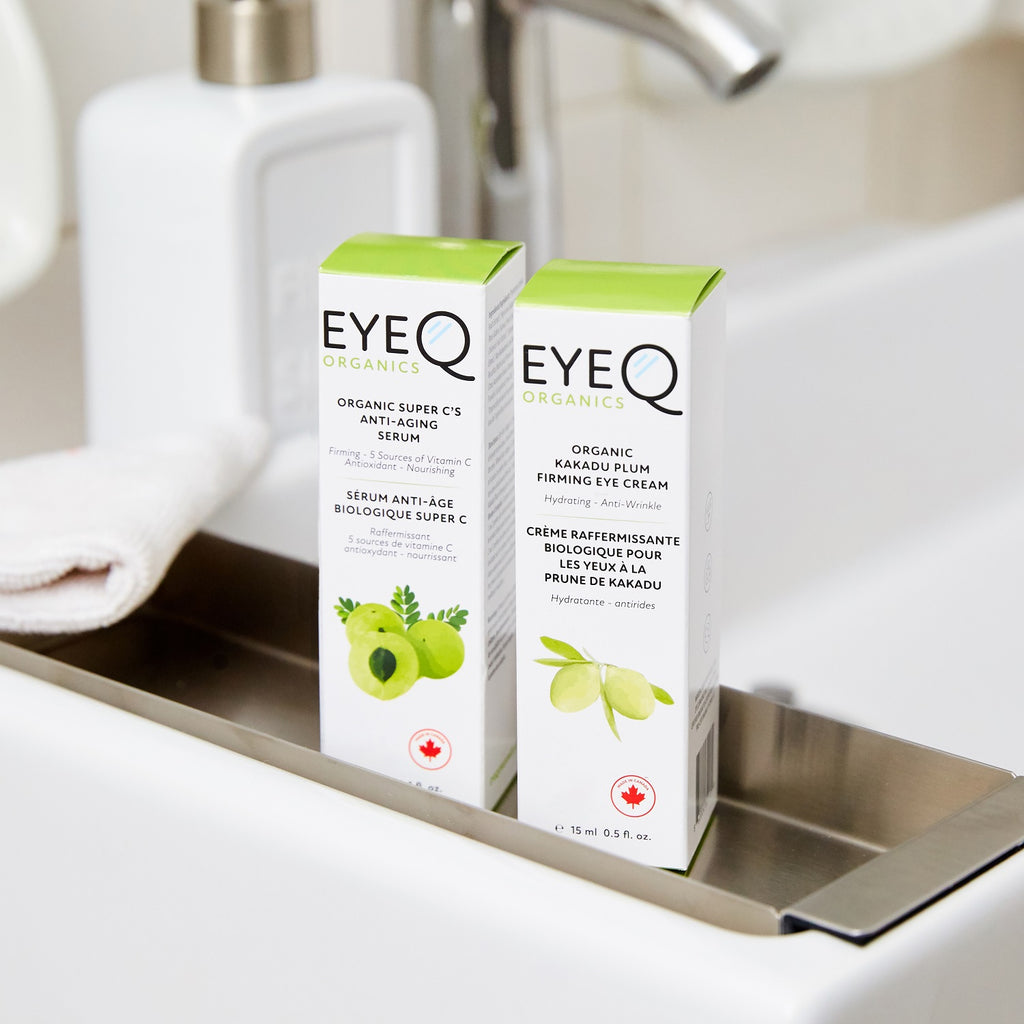 EQO Super C’s Anti-Aging Serum 30ml bottle sealed in EQO white box packing, 4.5cmx4.5cmx12cm, with symbols indicating product is made locally in Canada.