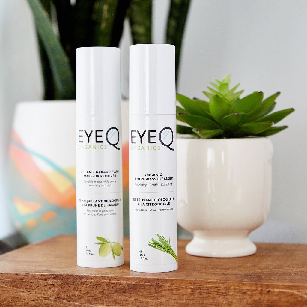 EQO Organic Kakadu Plum Make-Up Remover is shown paired with our Eye Q Organic Lemongrass Cleanser. These two products can be paired for best results by using our recommended 2 easy step solution to a refreshed & younger looking skin!