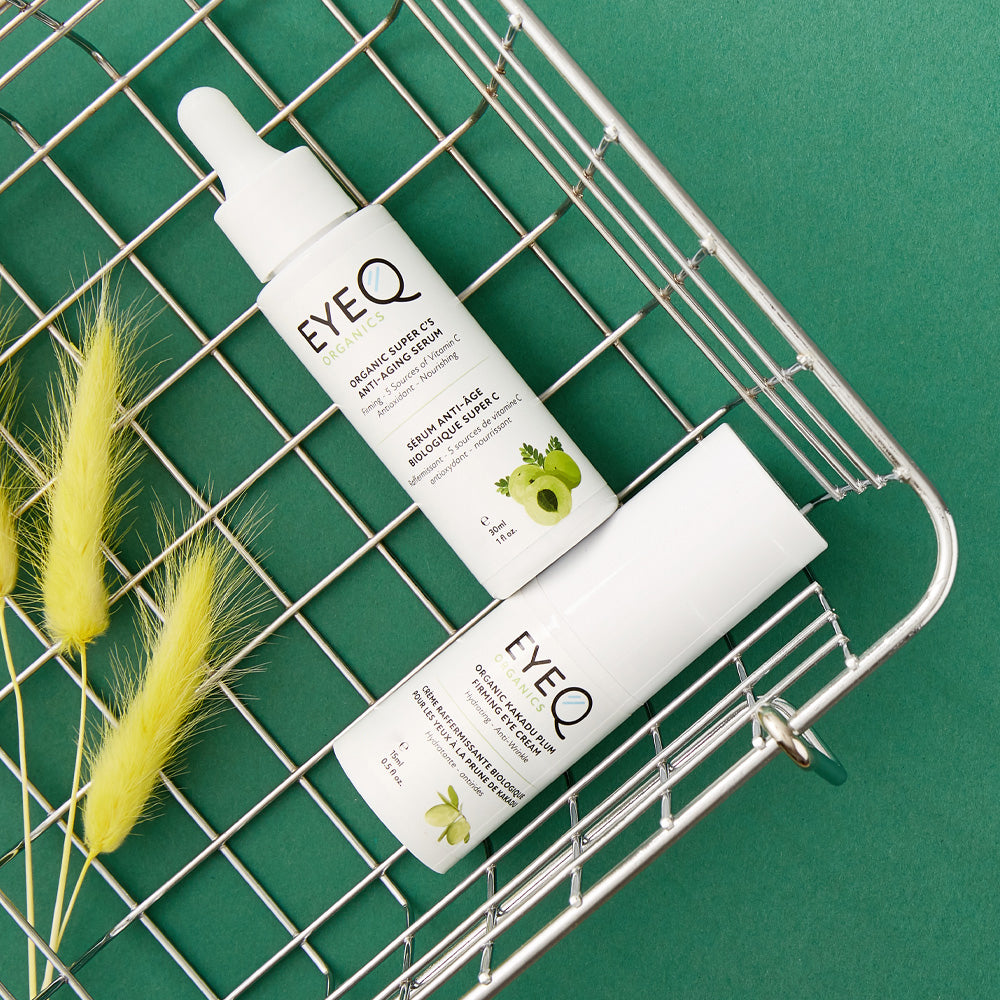EQO Super C’s Anti-Aging Serum is paired in a basket with Eye Q Organic Kakadu Plum Firming Eye Cream. These two products can be paired for best results by using our recommended 2 easy step solution to hydrated & younger looking skin!